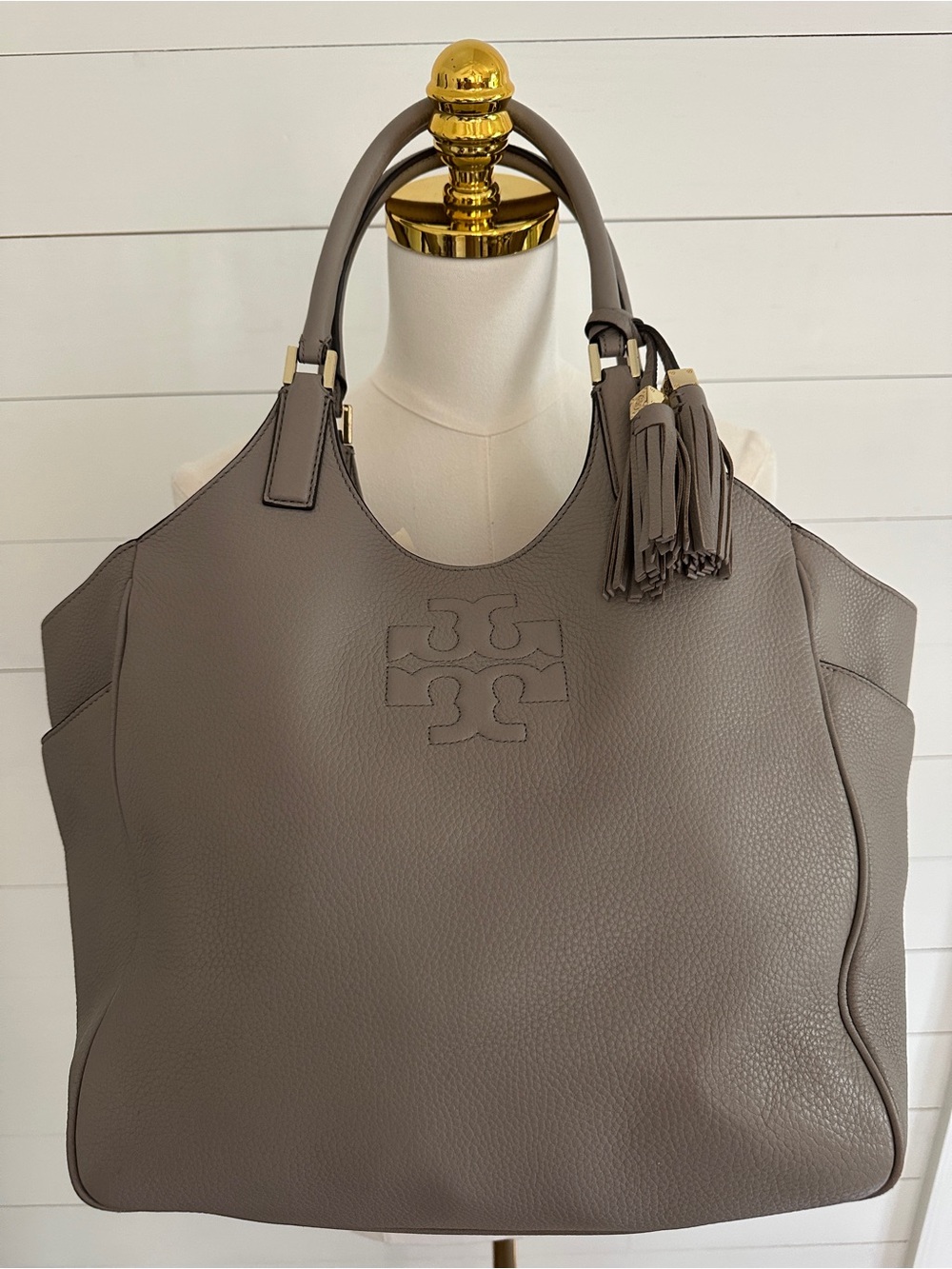 Tory Burch Gray Pebbled Leather Tote with Tassel Detail